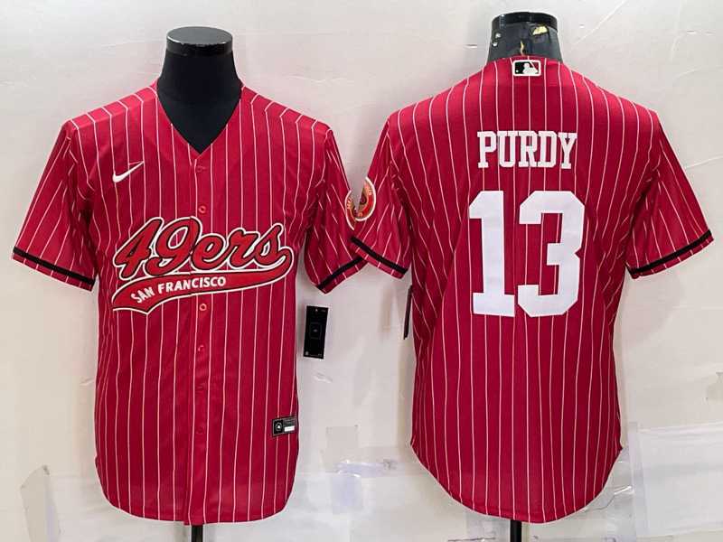 Men%27s San Francisco 49ers #13 Brock Purdy Red Pinstripe With Patch Cool Base Stitched Baseball Jersey
